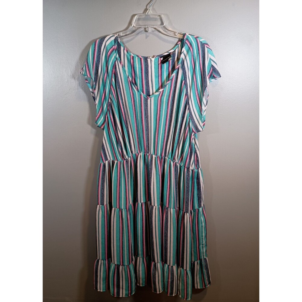 Maison Tara Striped Raglan Short Sleeve Tiered Midi Dress Plus Size 18W